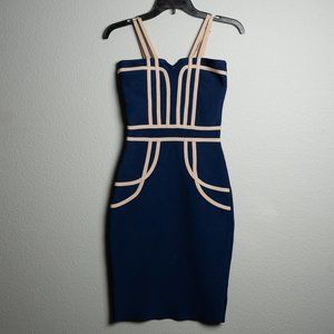 Meilun navy bodycon, bandage dress with beige stripes